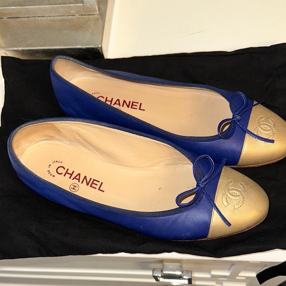 Chanel Blue and Gold Flats with Bow Detail